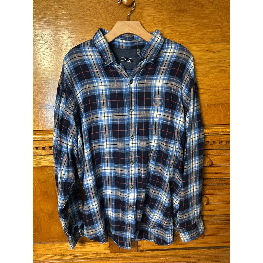 IZOD Mens XL Blue Plaid Flannel Button Down Shirt Long Sleeve Gorpcore Prep Y2K